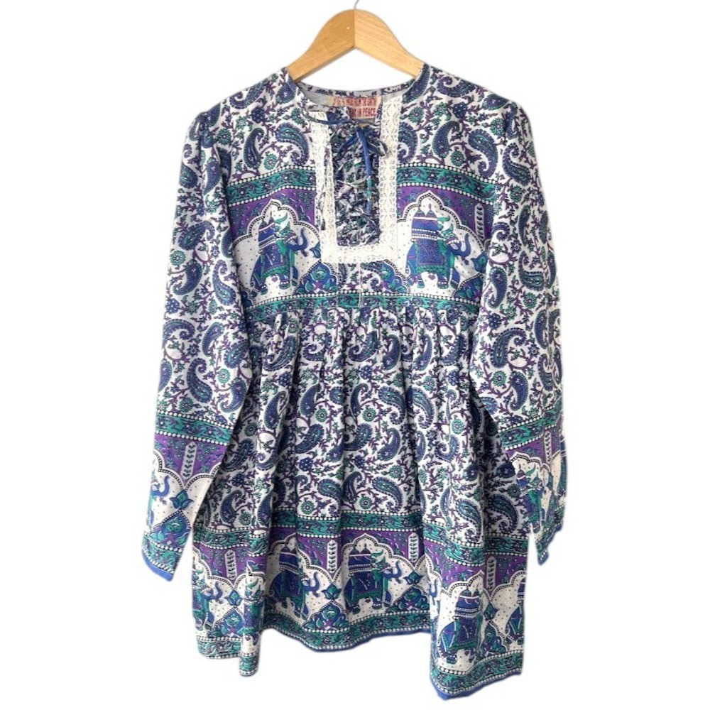 Gypsy Rose Elephant Paisley Lace Up Boho Tunic Top Purple Teal Blue NWT One Size